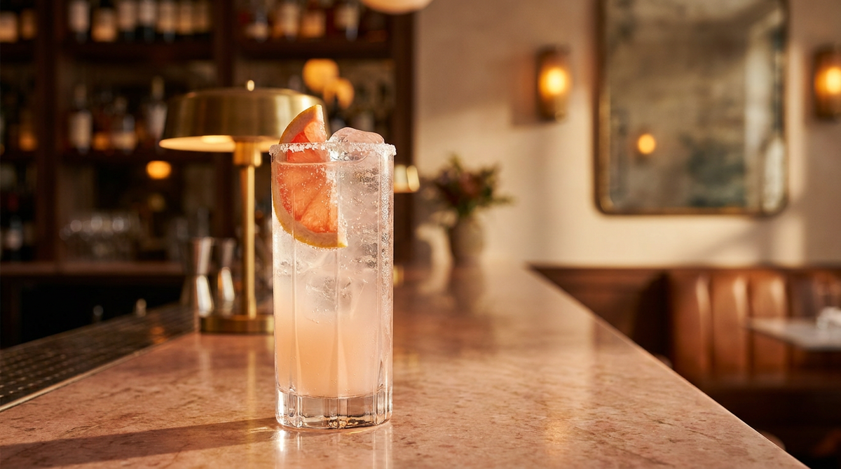 Paloma rosa rose pâle pétillante en verre highball, quartier de pamplemousse rose et bord de sel, sur un comptoir de granit rose d'un bar chic