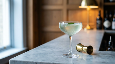 Southside Royale servi en coupe de cristal sur un comptoir de marbre