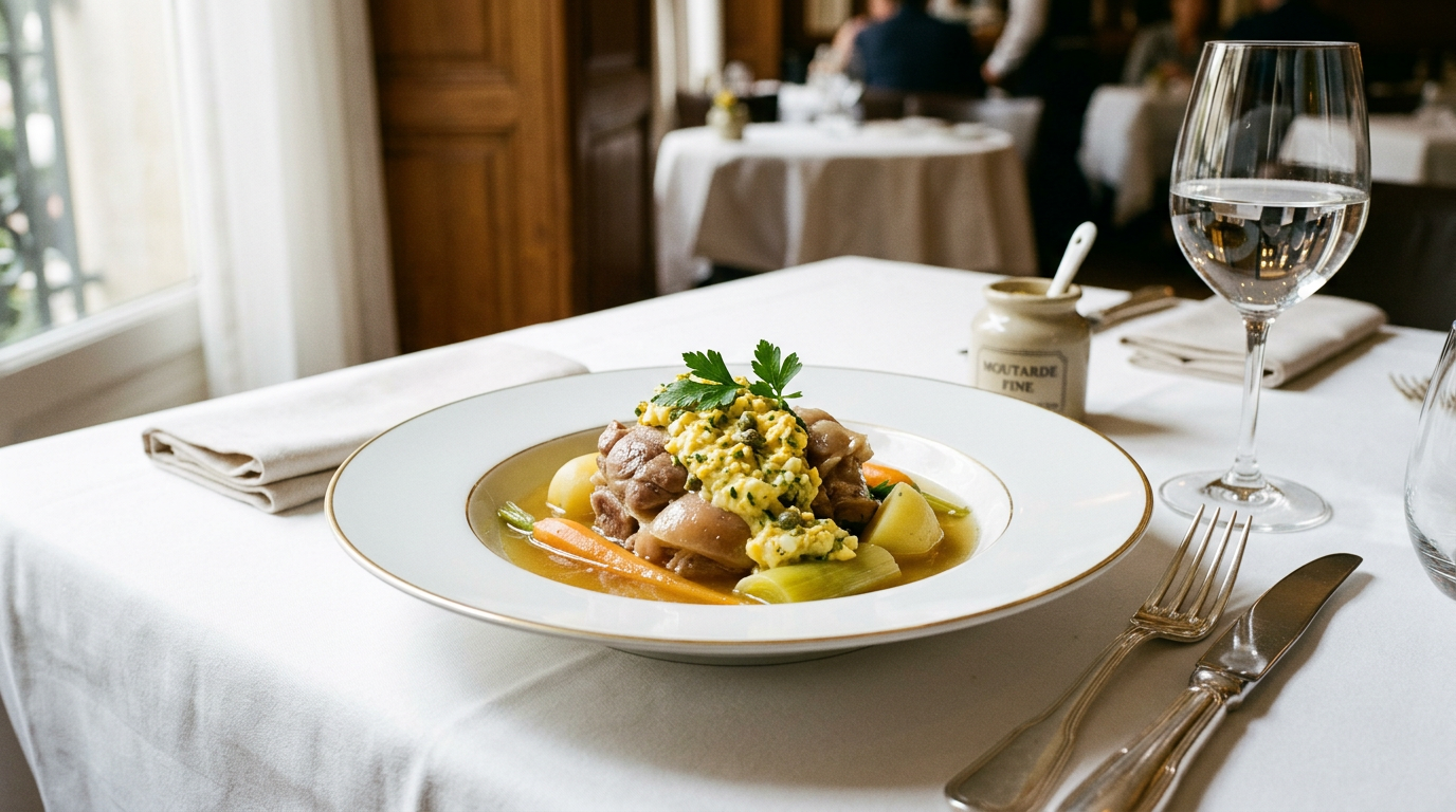 Tête de veau servie chaude dans une assiette creuse en porcelaine à liséré doré, morceaux nacrés napés de sauce gribiche aux œufs durs et câpres, légumes du bouillon, sur une nappe blanche