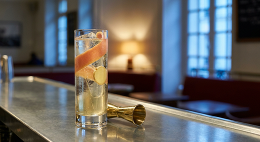 Gin tonic à la gentiane et au gingembre en verre haut de cristal, robe or pâle, ruban de zeste de pamplemousse et rondelle de gingembre, sur un comptoir de zinc dans un bistrot parisien au crépuscule