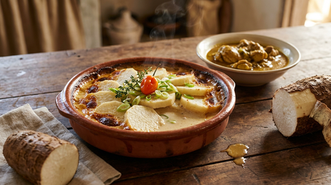 Gratin d'igname doré dans un plat en terre, tranches épaisses à la chair blanche et ferme nappées de lait de coco, dessus bruni et bouillonnant, ciboule, piment végétarien, colombo de poulet posé à côté, table de bois