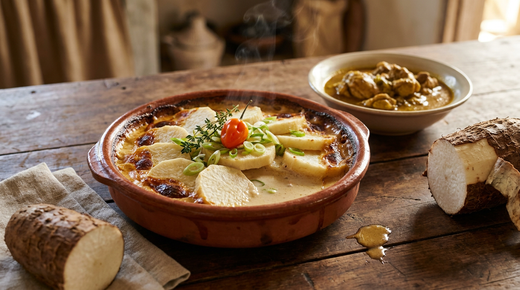 Gratin d'igname doré dans un plat en terre, tranches épaisses à la chair blanche et ferme nappées de lait de coco, dessus bruni et bouillonnant, ciboule, piment végétarien, colombo de poulet posé à côté, table de bois