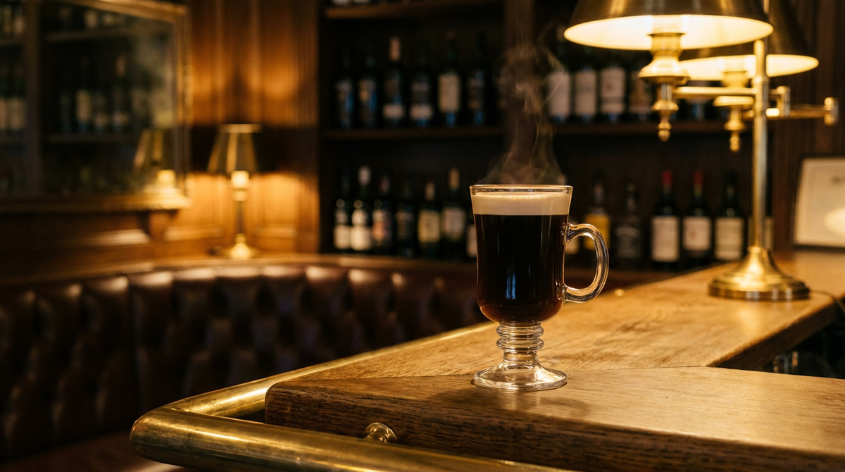 Gaelic coffee dans un verre à pied, café chaud sombre coiffé d'un col de crème et fumée légère, sur un comptoir de chêne massif à repose-pieds laiton
