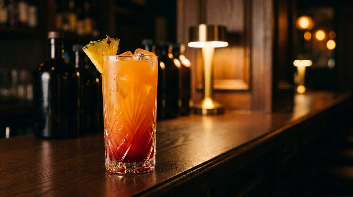 Verre tumbler rempli d'un cocktail orange dégradé vers le rouge en bas, glaçons et quartier d'ananas sur le bord, comptoir de bois ciré sombre