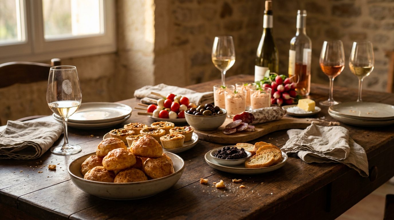 Table d'apéritif dînatoire avec gougères dorées, tartelettes, brochettes, verrines, olives et plusieurs verres de vin blanc et rosé