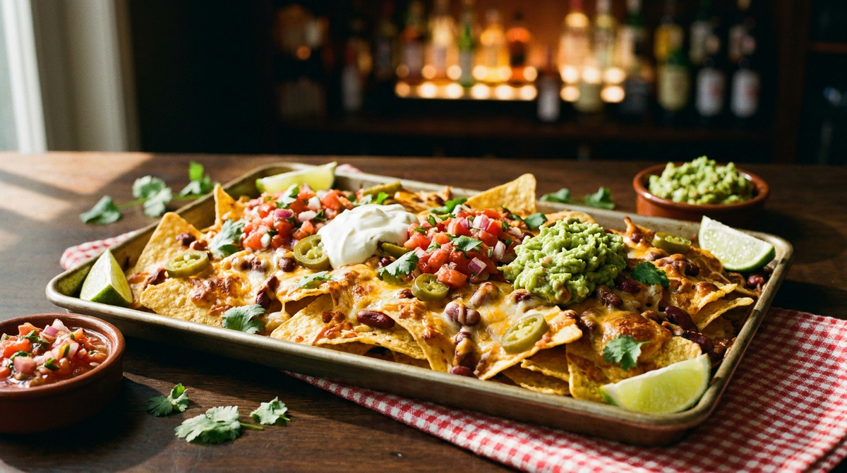 Grand plat de nachos sorti du four, chips de maïs couvertes de cheddar fondu et doré, rondelles de jalapeños, haricots rouges, bols de guacamole, de salsa et de crème aigre autour, table de soirée en bois