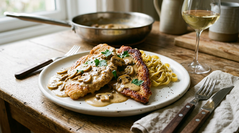 Escalopes de poulet à la crème et aux champignons dans une assiette blanche, avec des tagliatelles