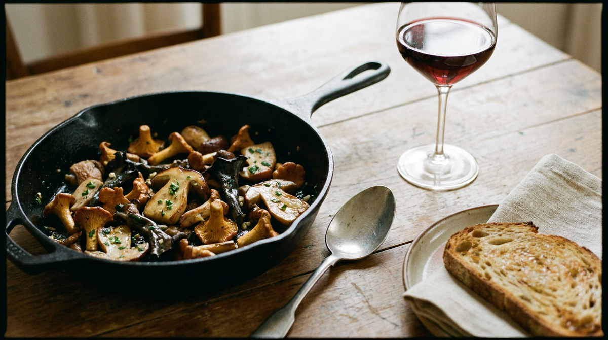 Poêle en fonte remplie d'un mélange de champignons des bois poêlés, girolles dorées, cèpes émincés, trompettes noires, persillade, cuillère à plat, tranche de pain grillé, verre de vin rouge, table en bois