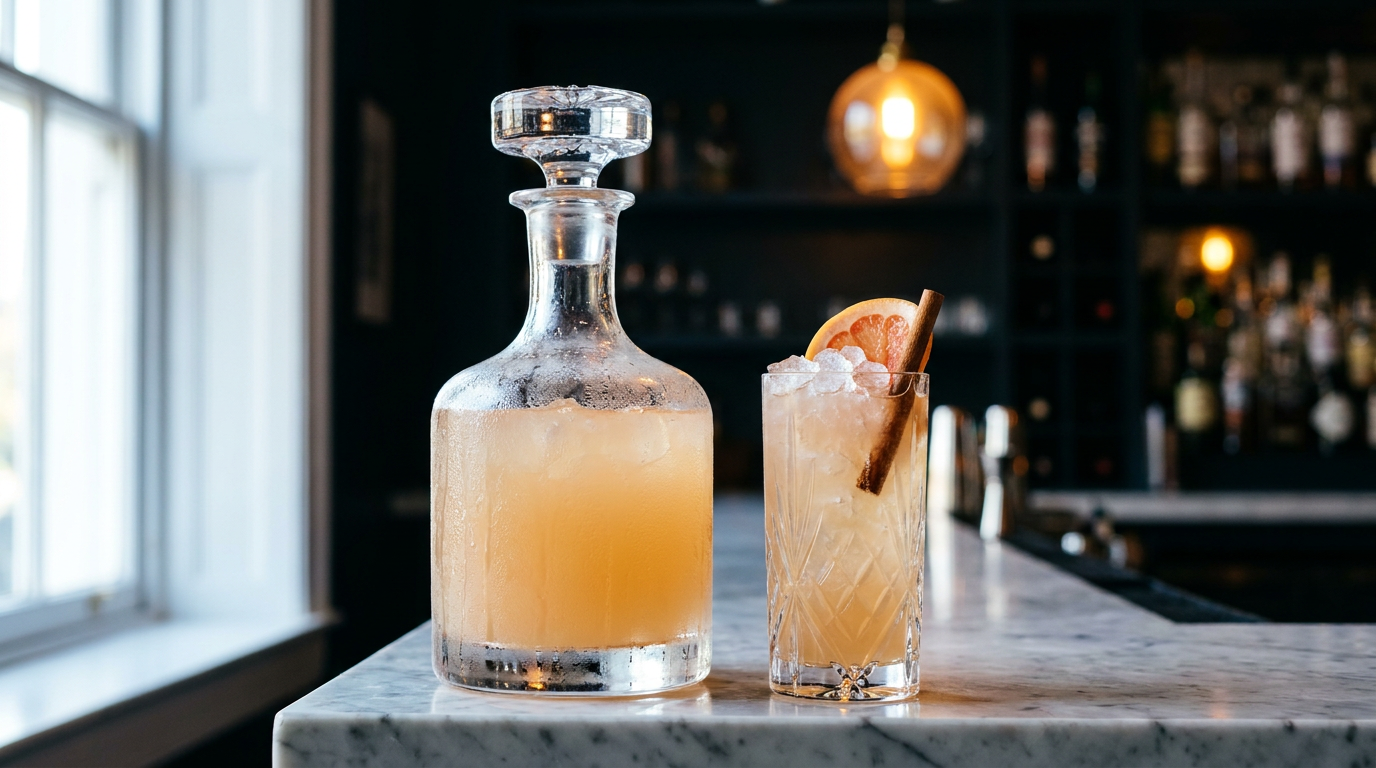 Carafe de cristal bouchée remplie de Donga Punch au pamplemousse, verre haut de glace pilée avec bâton de cannelle, sur un comptoir de marbre