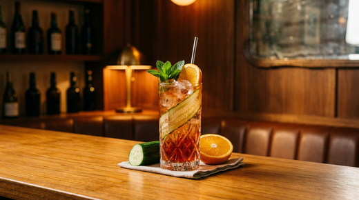 Virgin Pimm's Cup en verre haut, rubans de concombre, menthe et orange, sur un comptoir de teck