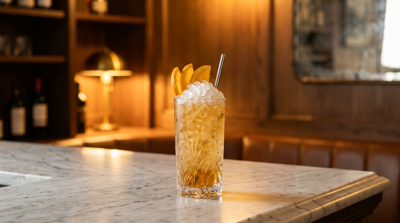 Grand verre rempli de glace pilée en dôme et de xérès ambré, demi-tranches d'orange plantées dans la glace et paille métallique, sur un comptoir de marbre veiné
