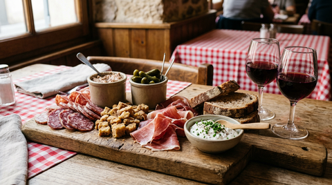 Planche de cochonnailles lyonnaises pour le Beaujolais nouveau : rosette tranchée, rillettes, grattons, jambon sec, cornichons, cervelle de canut et pain de campagne, deux verres de rouge jeune