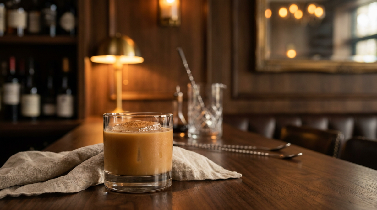 Cocktail spéculoos crémeux brun clair sur un gros glaçon, poudre de cannelle en surface, table en noyer et lin