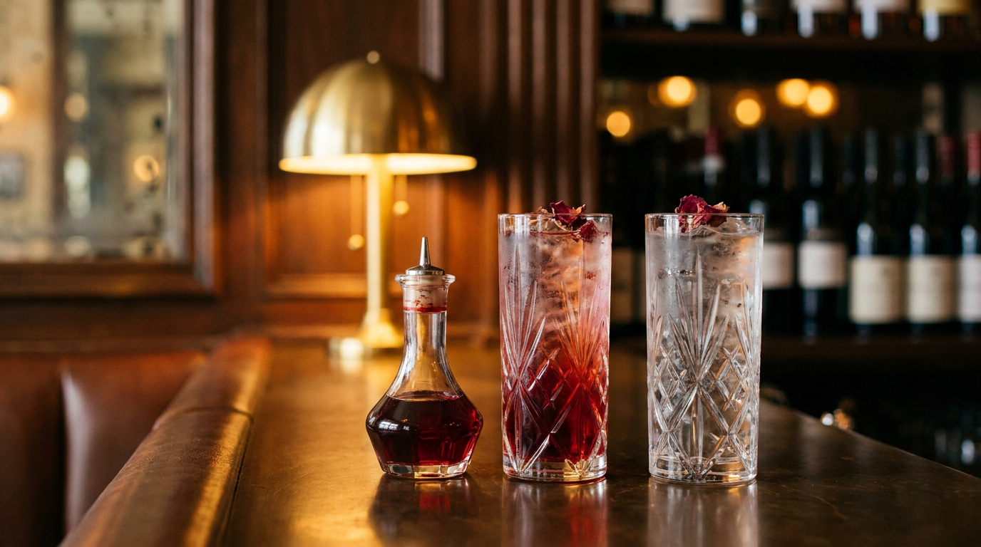 Sirop d'hibiscus en flacon et allongé dans un verre, pétales séchés, comptoir de bronze foncé