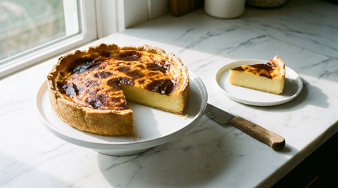 Flan pâtissier entier au dessus brûlé, une part coupée montrant la crème épaisse, plan de marbre blanc