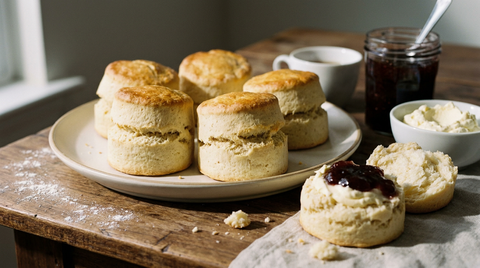 Scones anglais très hauts aux côtés droits fendus horizontalement, l'un ouvert avec clotted cream et confiture de fraises