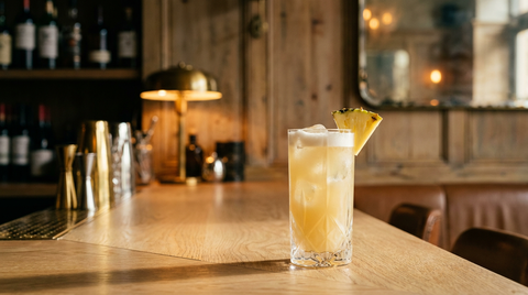 Grand verre de glace et de boisson à l'ananas jaune pâle sous un col de mousse, quartier d'ananas frais sur le bord, sur un comptoir de chêne clair éclairé à la lampe