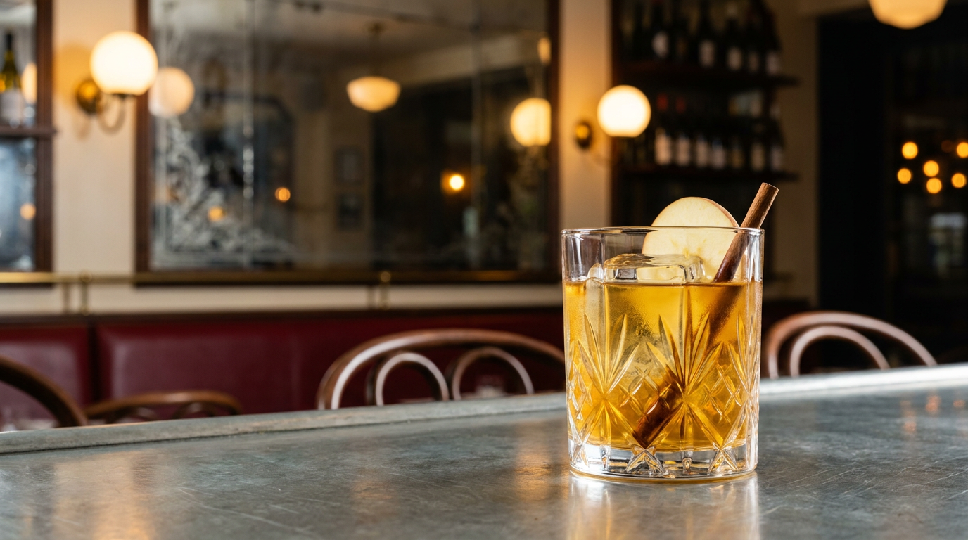 Cocktail pomme-calvados en verre de cristal taillé sur le zinc d'un bistrot parisien, lamelle de pomme et bâton de cannelle