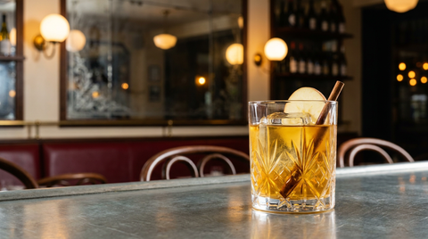 Cocktail pomme-calvados en verre de cristal taillé sur le zinc d'un bistrot parisien, lamelle de pomme et bâton de cannelle