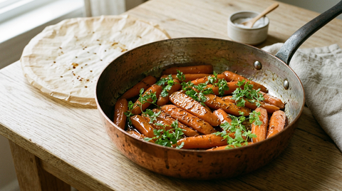 Carottes glacées brillantes en une seule couche dans une sauteuse en cuivre, avec graines de cumin et cerfeuil, cartouche de papier cuisson percé posé à côté