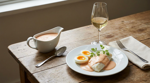Sauce aurore rose orangé en saucière, œufs mollets et poisson poché nappés, verre de vin blanc