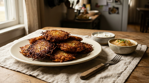 Latkes, les galettes de pommes de terre de Hanoukka : râpées, essorées dans un torchon, et c'est leur propre fécule qui les lie