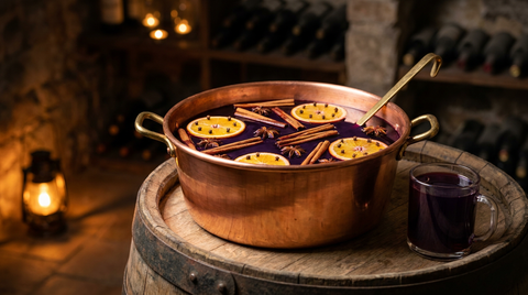 Grande bassine de cuivre remplie de vin chaud pour 20 personnes, rondelles d'orange piquées de girofle, cannelle et badiane, sur un tonneau
