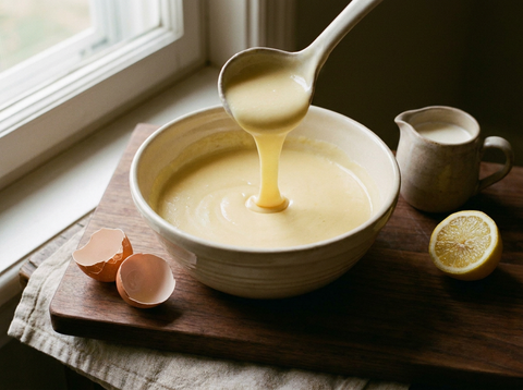 Sauce allemande dorée liée aux jaunes d’œuf dans un bol en grès, louche soulevant un ruban épais, coquilles d’œuf et citron