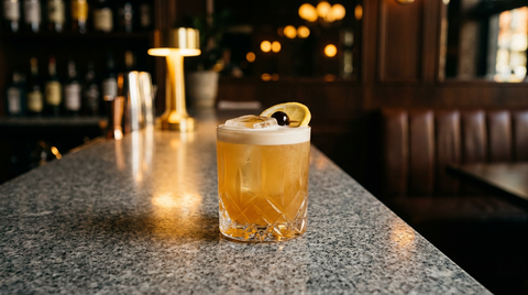 Boston Sour ambré sous une mousse ivoire dans un verre bas, gros glaçon, rondelle de citron et cerise, comptoir de granit Padang