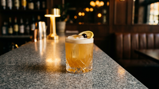 Boston Sour ambré sous une mousse ivoire dans un verre bas, gros glaçon, rondelle de citron et cerise, comptoir de granit Padang