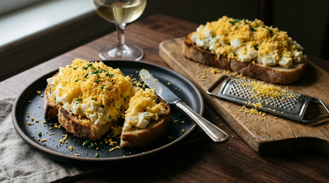 Deux tartines de pain de campagne grillé garnies de blancs d'œufs en dés liés à la mayonnaise, recouvertes d'une neige de jaune d'œuf finement râpé, ciboulette ciselée et poivre, râpe fine posée à côté