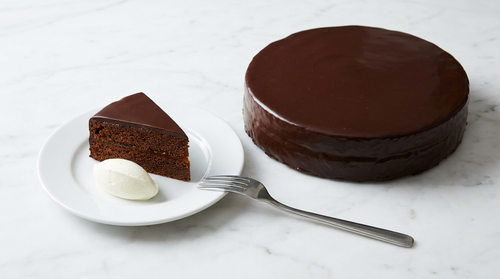 Sachertorte viennoise : un biscuit au chocolat monté aux blancs, deux couches de confiture d'abricot tamisée, et le vrai glaçage Sacher, un sirop de sucre au chocolat cuit à 108 °C