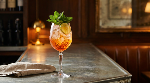 Grand verre à vin rempli de glace et d'un spritz orange vif, bouquet de menthe fraîche dressé dans le verre et demi-rondelle de citron vert, sur un comptoir de zinc patiné
