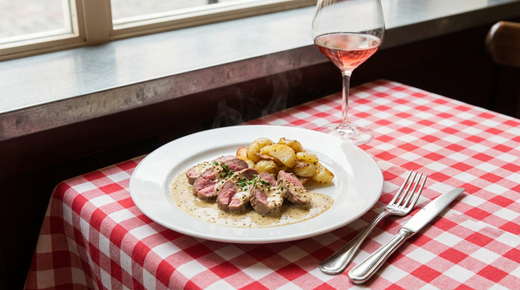 Rognons de veau rosés à la moutarde, pommes sautées, nappe de bistrot, verre de vin rouge
