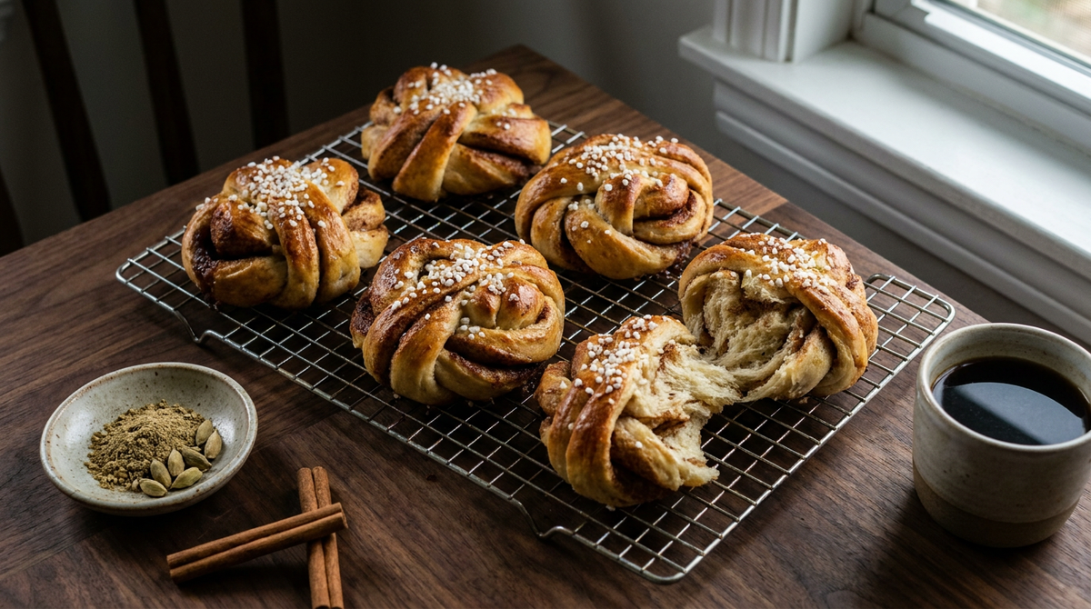 Six kanelbullar suédois noués en torsade sur une grille, dorés au jaune d'œuf et parsemés de sucre perlé, l'un rompu montrant une mie filante et le ruban de cannelle, bol de cardamome moulue et gousses vertes, bâtons de cannelle, tasse de café