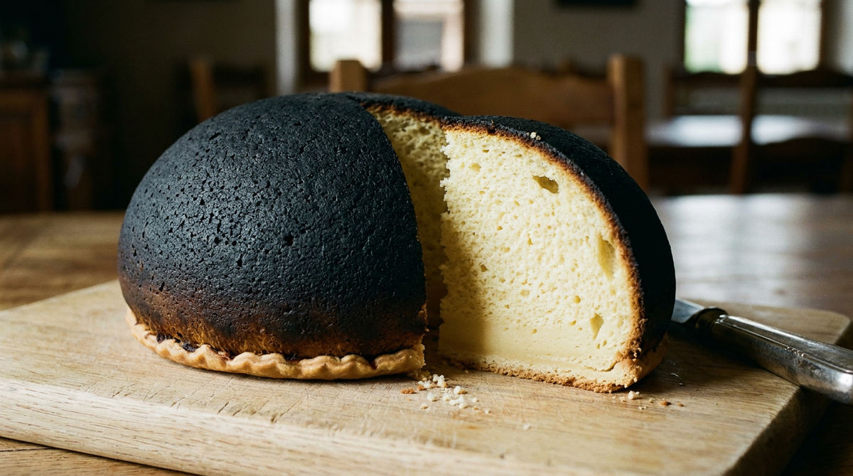 Tourteau fromager en boule noire mate entamée, liseré de pâte dorée à la base, mie crème aérée