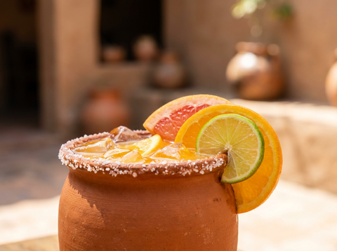 Gobelet de terre cuite de Cantarito, tequila et jus d'agrumes avec bord de sel et garnitures d'agrumes, lumière naturelle