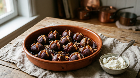 Figues violettes fendues en croix et rôties, ouvertes sur leur chair rouge, dans un plat en terre cuite, nappées d'un sirop sombre de vin rouge et de miel, thym, amandes, fromage frais à côté, table de bois ancien, lumière chaude