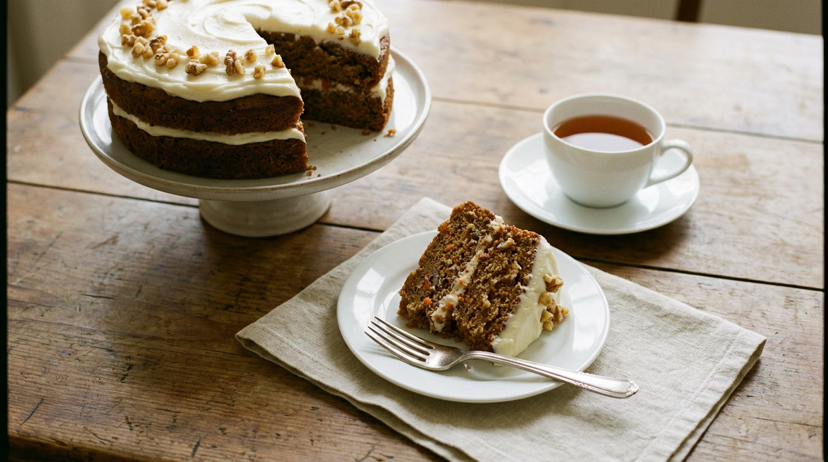 Carrot cake à deux étages sur un présentoir, une part coupée montrant la mie brune moelleuse aux carottes et aux noix, glaçage blanc au fromage frais, noix concassées, tasse de thé