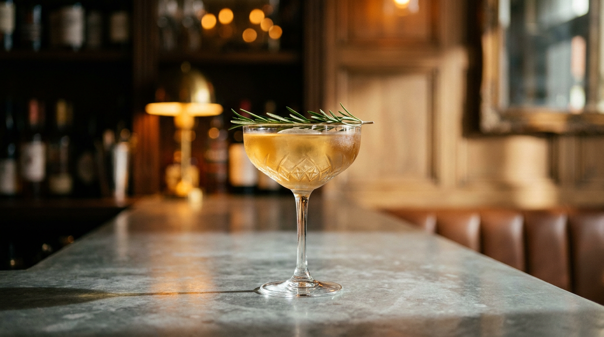 Cocktail miel romarin dans une coupe, brin de romarin sur le bord, comptoir de zinc patiné