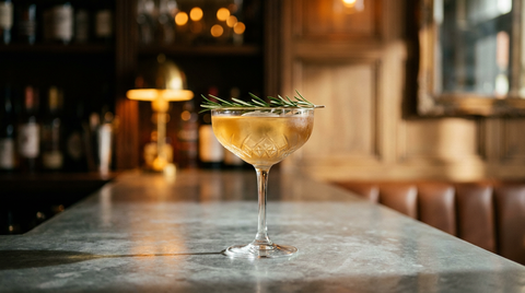 Cocktail miel romarin dans une coupe, brin de romarin sur le bord, comptoir de zinc patiné