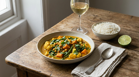 Curry de légumes au lait de coco, chou-fleur, patate douce, pois chiches et épinards, bol de riz, citron vert, verre de vin blanc, table de bois