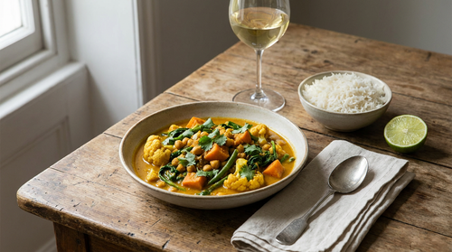 Curry de légumes au lait de coco : les épices fleuries dans l'huile, les légumes ajoutés par ordre de dureté, et le coco à la fin