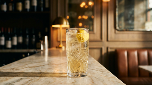 Gin Buck doré pâle et pétillant dans un verre haut plein de glace, demi-citron pressé dans le verre, comptoir de quartzite crème