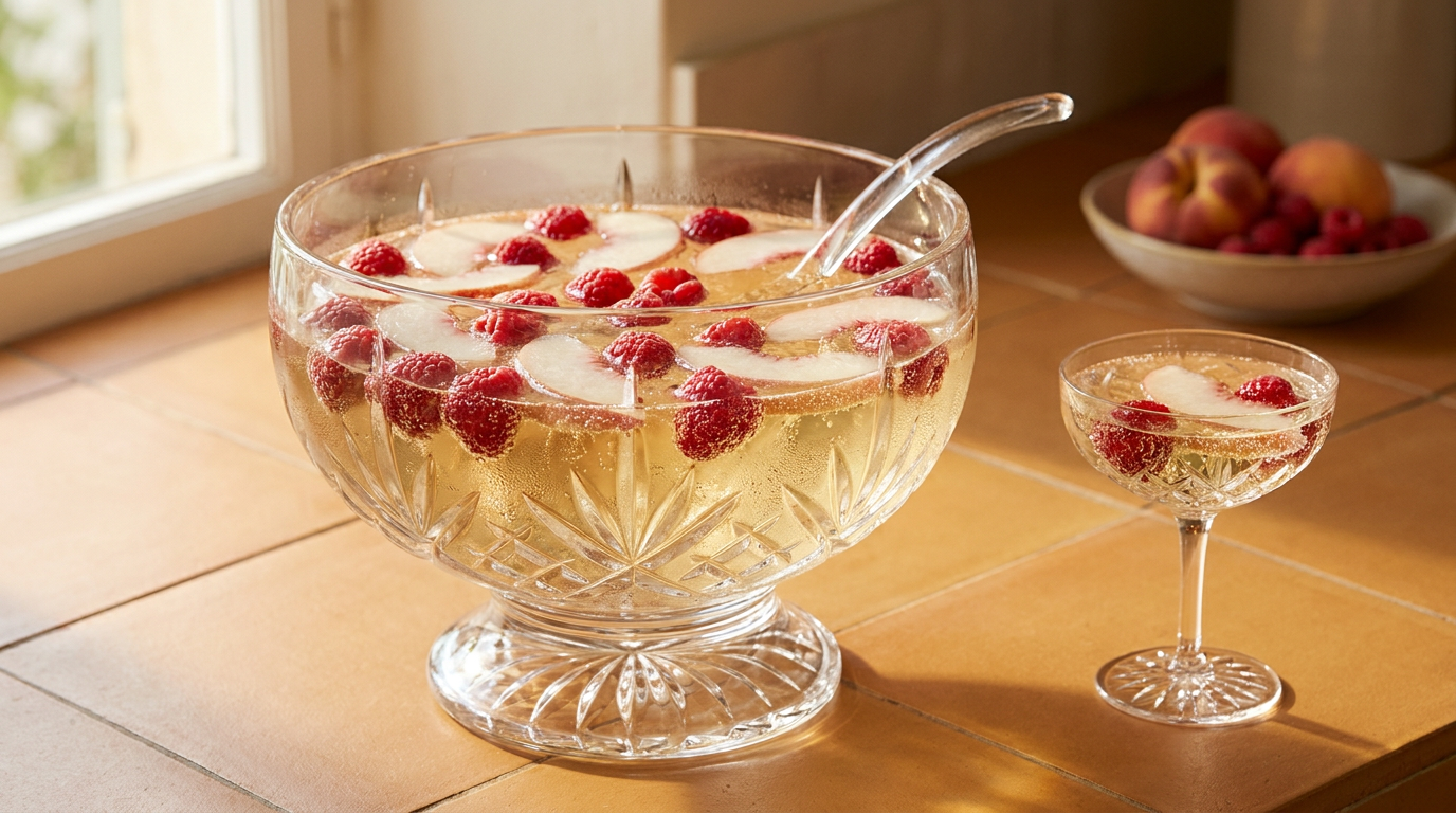 Grand bol à punch en verre rempli de crémant, framboises et lamelles de pêche blanche, louche en verre, sur un comptoir de tomettes