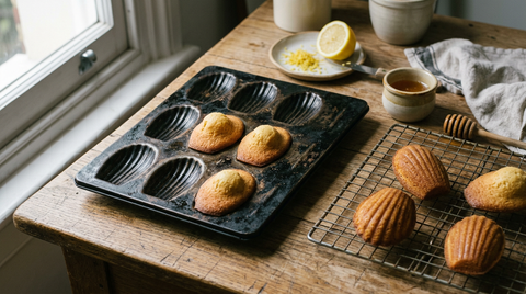 Madeleines dorées avec leur bosse bien marquée dans un moule en métal noirci, d'autres refroidissant sur une grille côté coquillage, zeste de citron et pot de miel