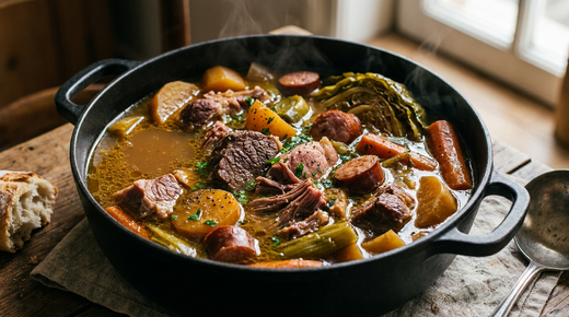 Hochepot flamand en cocotte de fonte, gros morceaux de viandes et de légumes intacts dans un bouillon doré