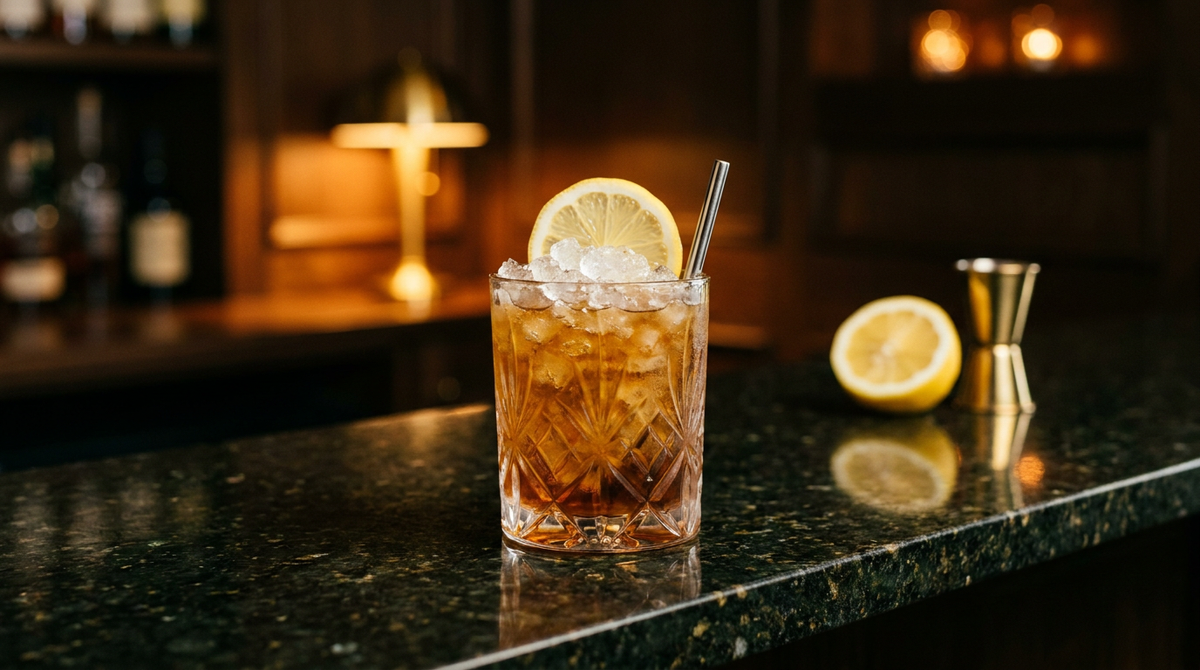 Brandy fix ambre profond sur glace pilée dans un verre bas, rondelle de citron dressée et paille, comptoir de granit Verde Ubatuba