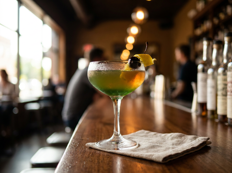 Verre de switchel au gingembre glacé, tranches de gingembre frais et citron vert sur une table en bois