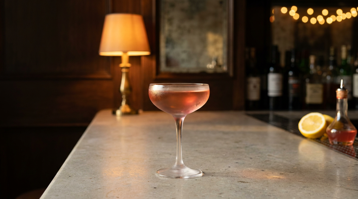 Depth Bomb ambré rosé dans une coupe, sans garniture, comptoir de pierre de Tercé